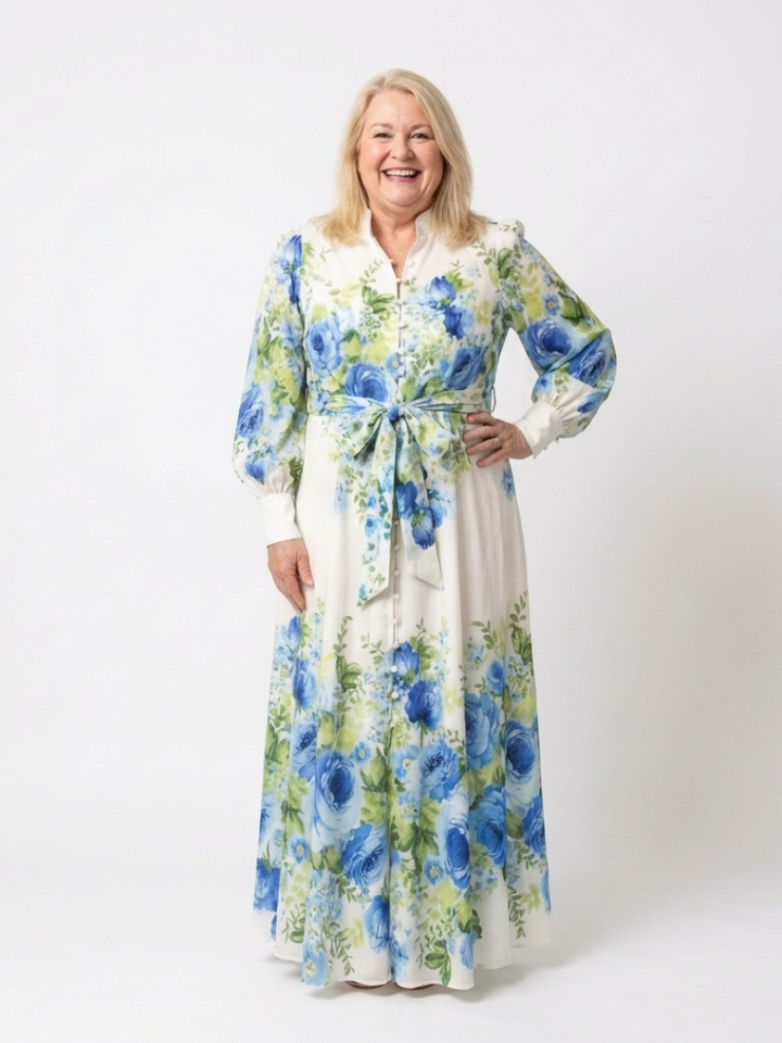 Harper | Robe maxi à manches longues avec boutons floraux sur le devant