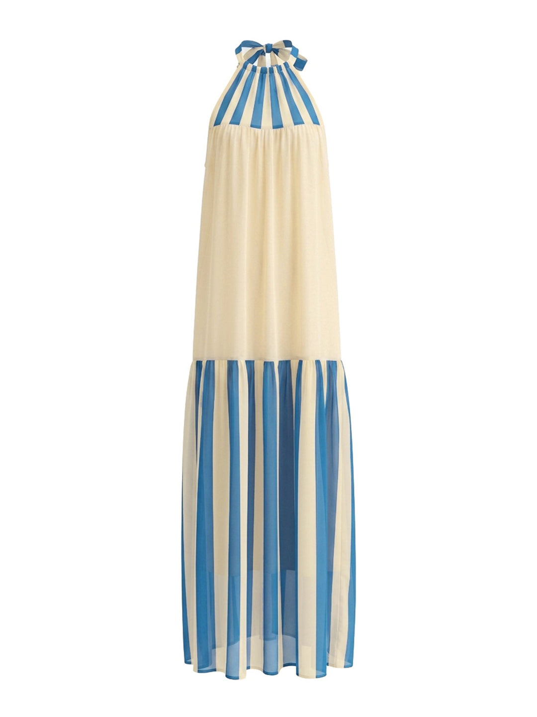 Robe longue ample plissée rayée coupe trapèze, à col licou, couleur contrastée