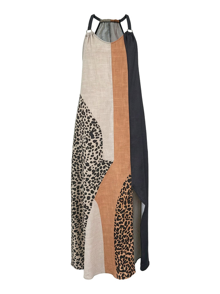Robe longue ample asymétrique sans manches, à imprimé léopard, à poches, à empiècements, à col licou, couleur contrastée