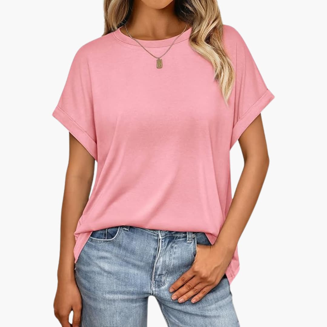 T-shirt oversize pour femmes avec col rond et manches retroussées