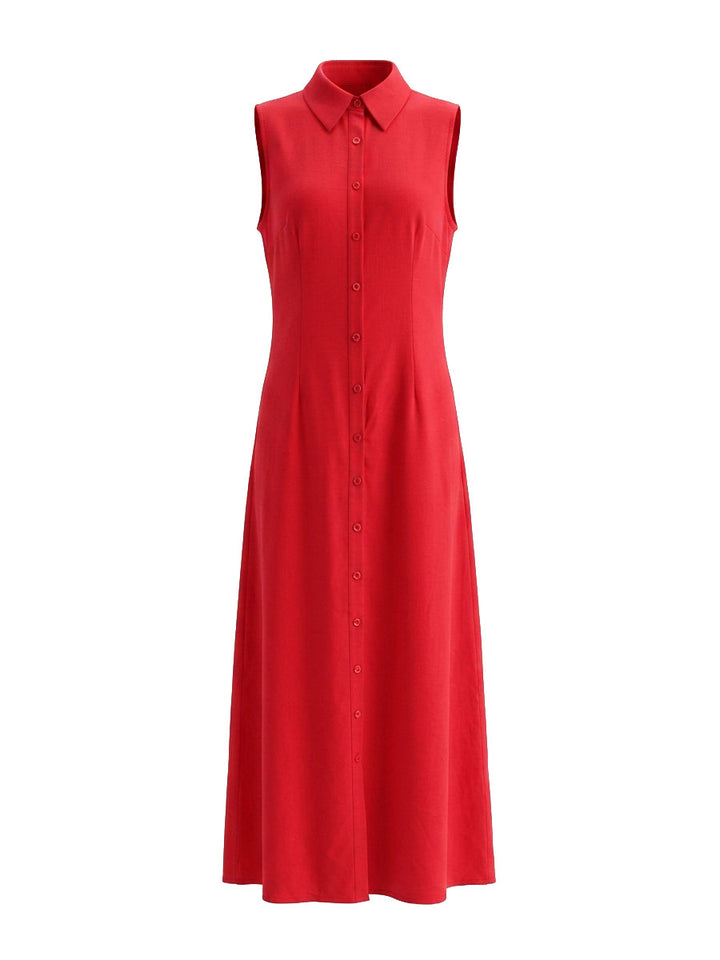 Robe longue boutonnée taille haute, à poches, à col revers, couleur unie