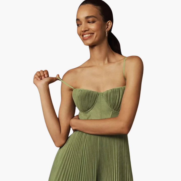 Robe midi plissée pour femmes - Bustier & bretelles spaghetti