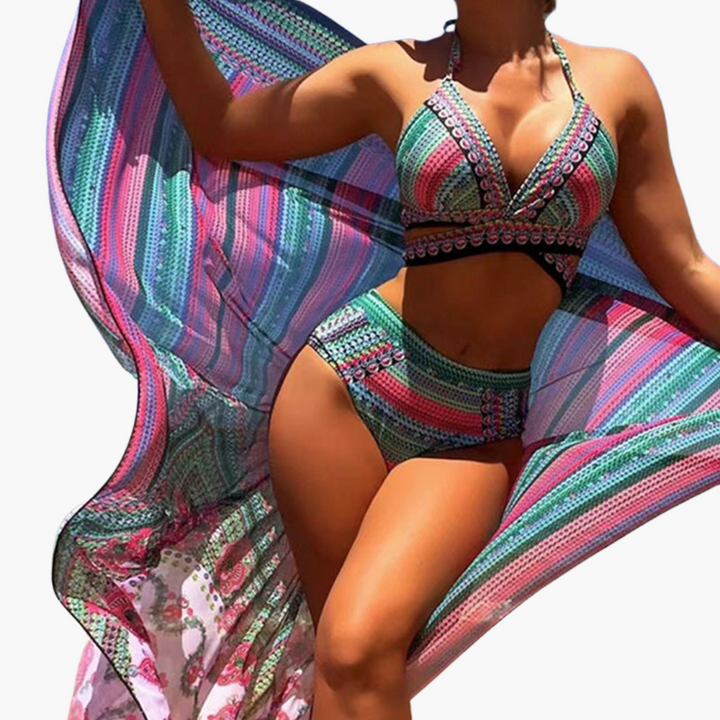 Ensemble de bikini trois pièces - Femme taille haute avec bretelles croisées