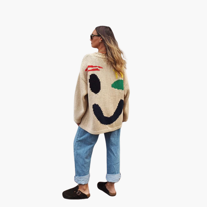 Pull en tricot pour femmes - avec coupe oversize et motif Smiley
