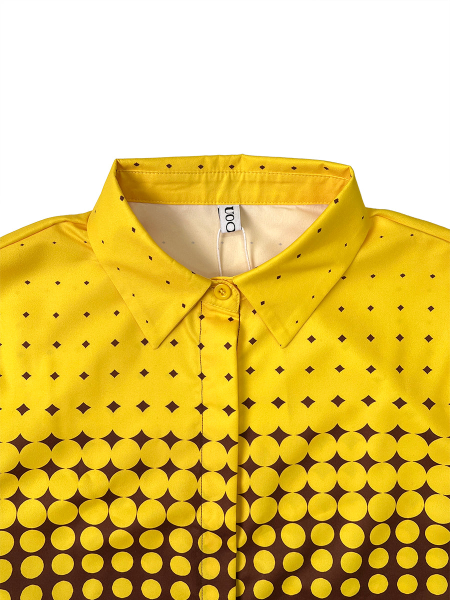 Chemisier ample boutonné à manches longues, à pois, à empiècements, à col revers, couleur contrastée