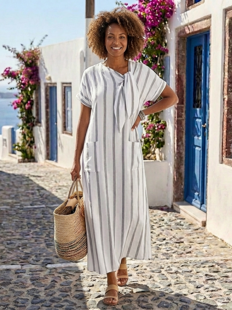 Elaris | Robe Midi Femme Rayée avec Décolleté à Nouer Légère