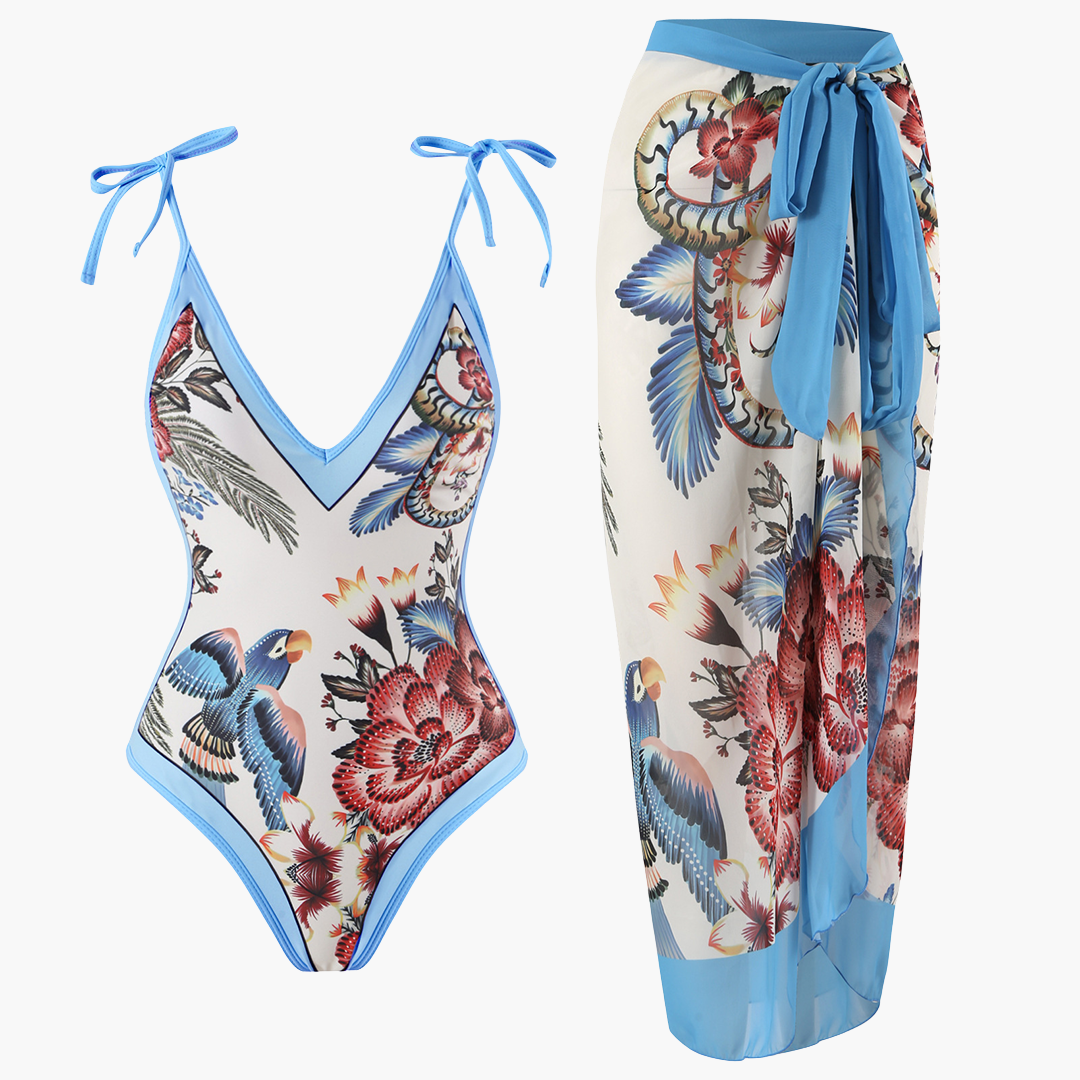 Ensemble de maillot de bain pour femmes - avec motif floral et paréo