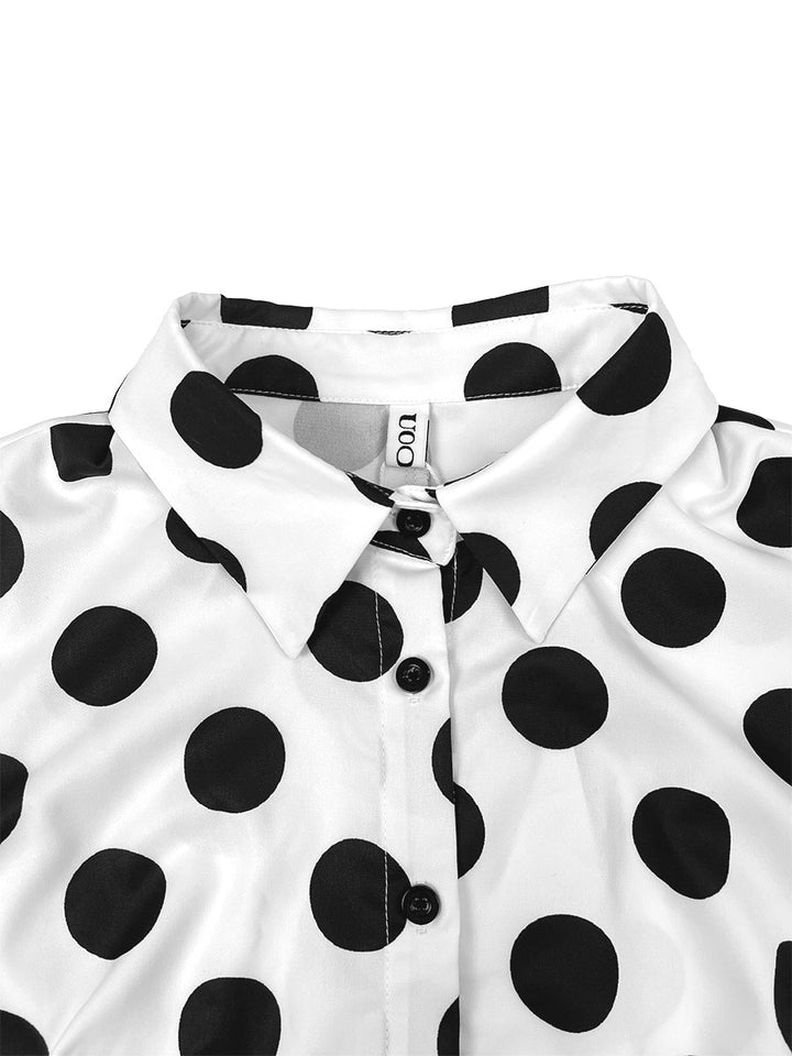 Robe chemise boutonnée coupe trapèze, à manches mi-longues, à taille élastique, à pois, à col revers, couleur contrastée