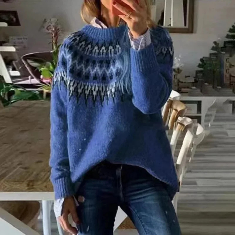 Pull en maille norvégienne pour femmes | Pull d'hiver avec col rond