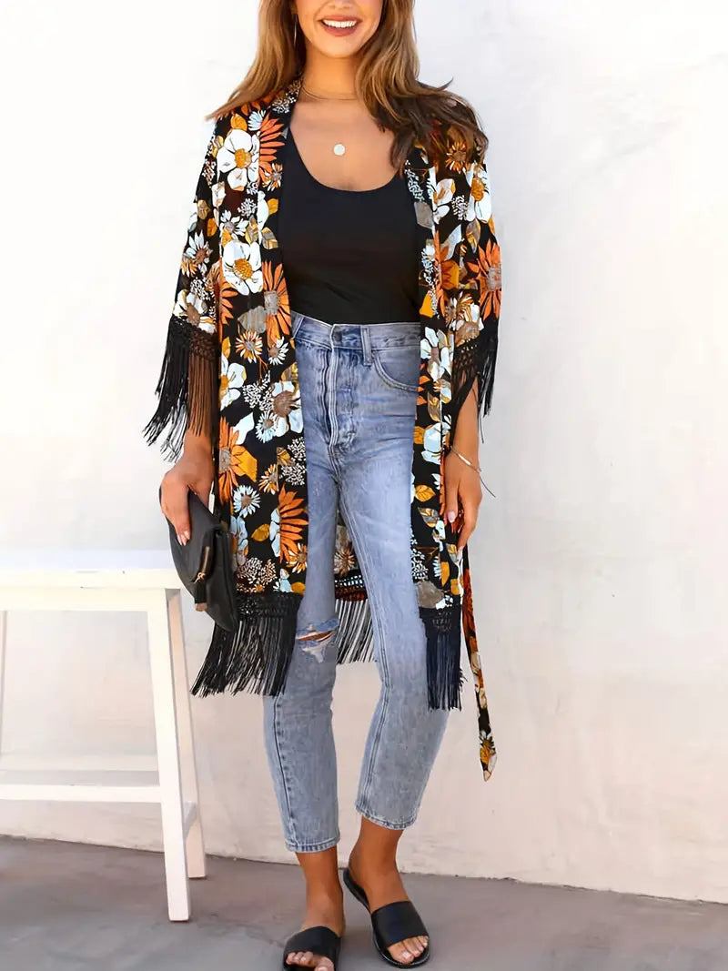 Kimono-Cardigan vif avec motif floral et franges pour femmes