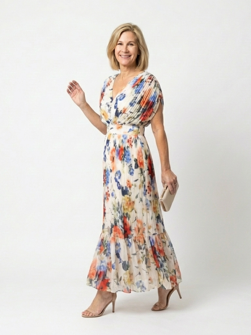 Savannah | Robe midi florale à manches courtes et plissée