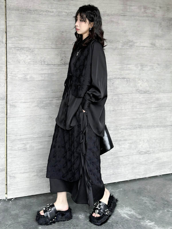 Ensemble deux pièces asymétrique boutonné à empiècements, à cordon de serrage, à imprimé floral, effet deux pièces, à col revers, à poches, à taille élastique, à double rang, couleur unie – chemisier + jupe