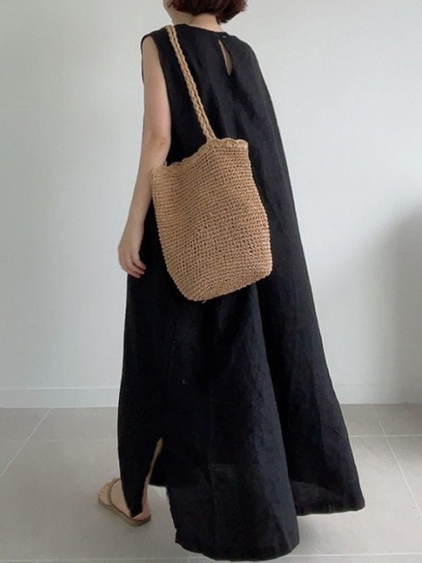 Robe mi-longue décontractée simple fendue sur le côté à col rond, sans manches, couleur unie