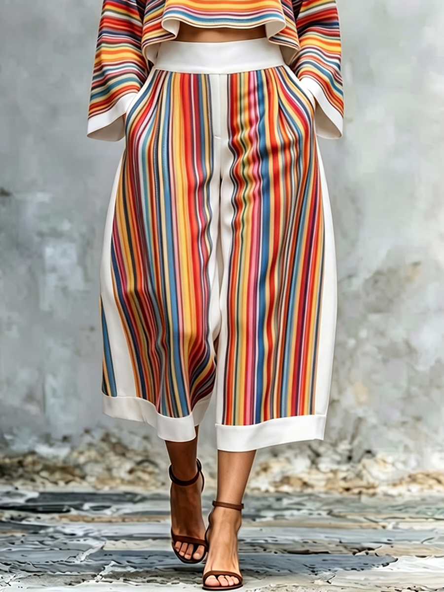 Pantalon court rayé multicolore ample à poches, à jambes larges