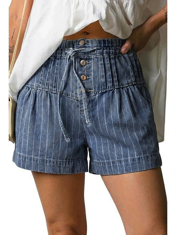 Short ample boutonné rayé taille haute, à cordon de serrage, à taille élastique, à poches