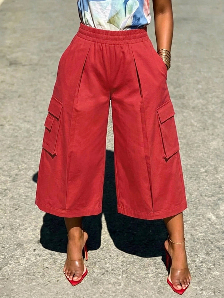 Pantalon ample taille haute, à taille élastique, à poches, couleur unie