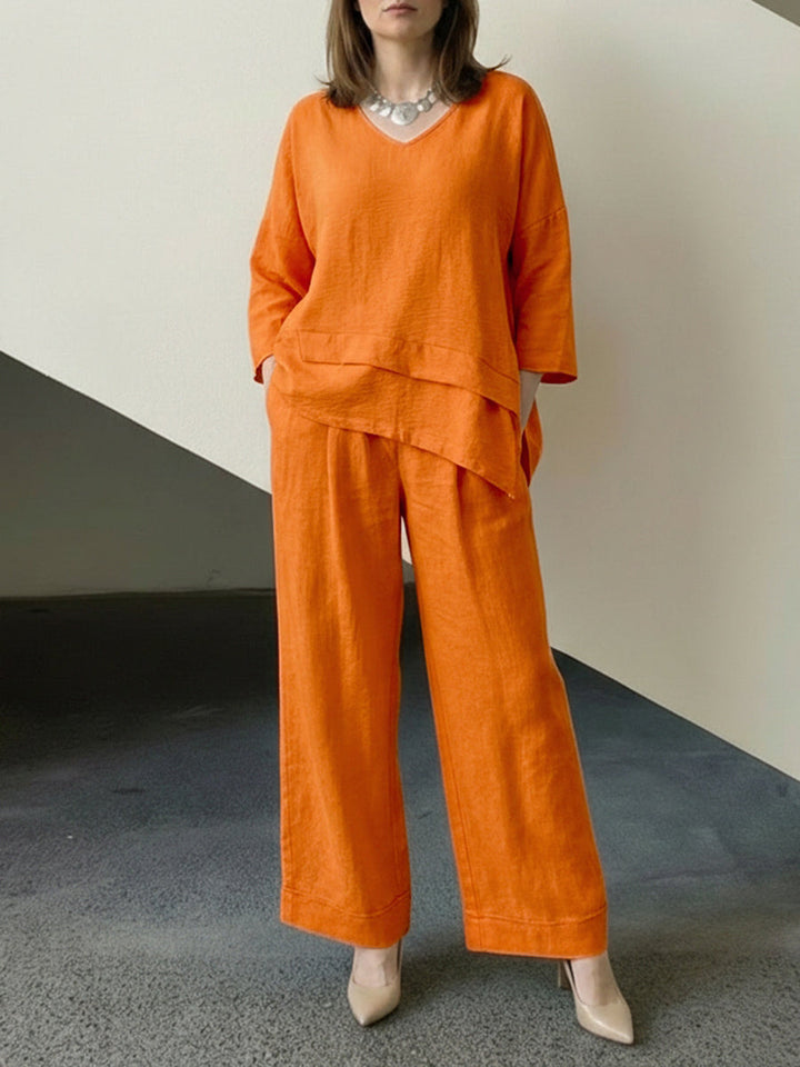 Ensemble deux pièces ample asymétrique à manches longues, à empiècements, à jambes larges – haut + pantalon