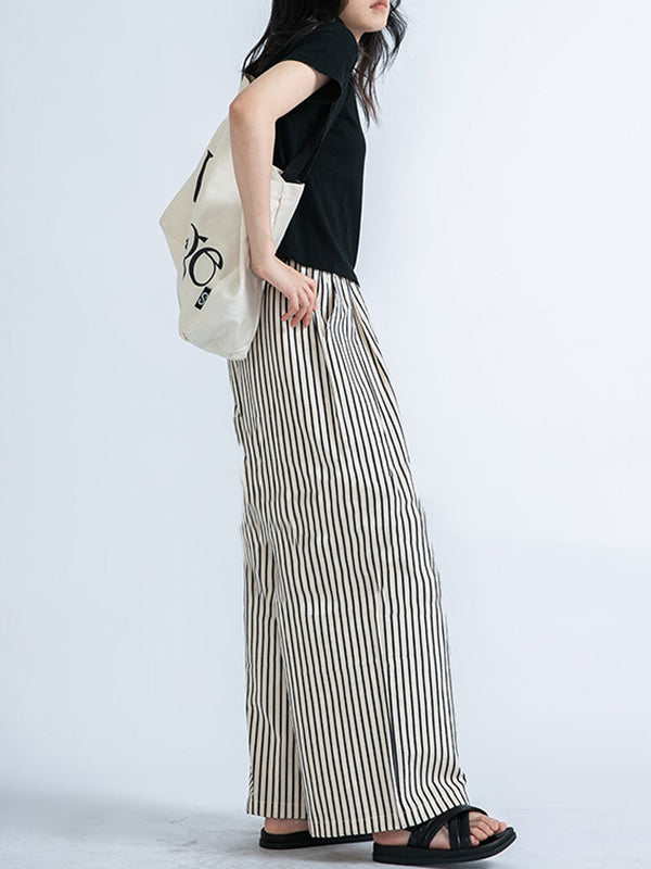 Pantalon ample rayé taille haute, à empiècements