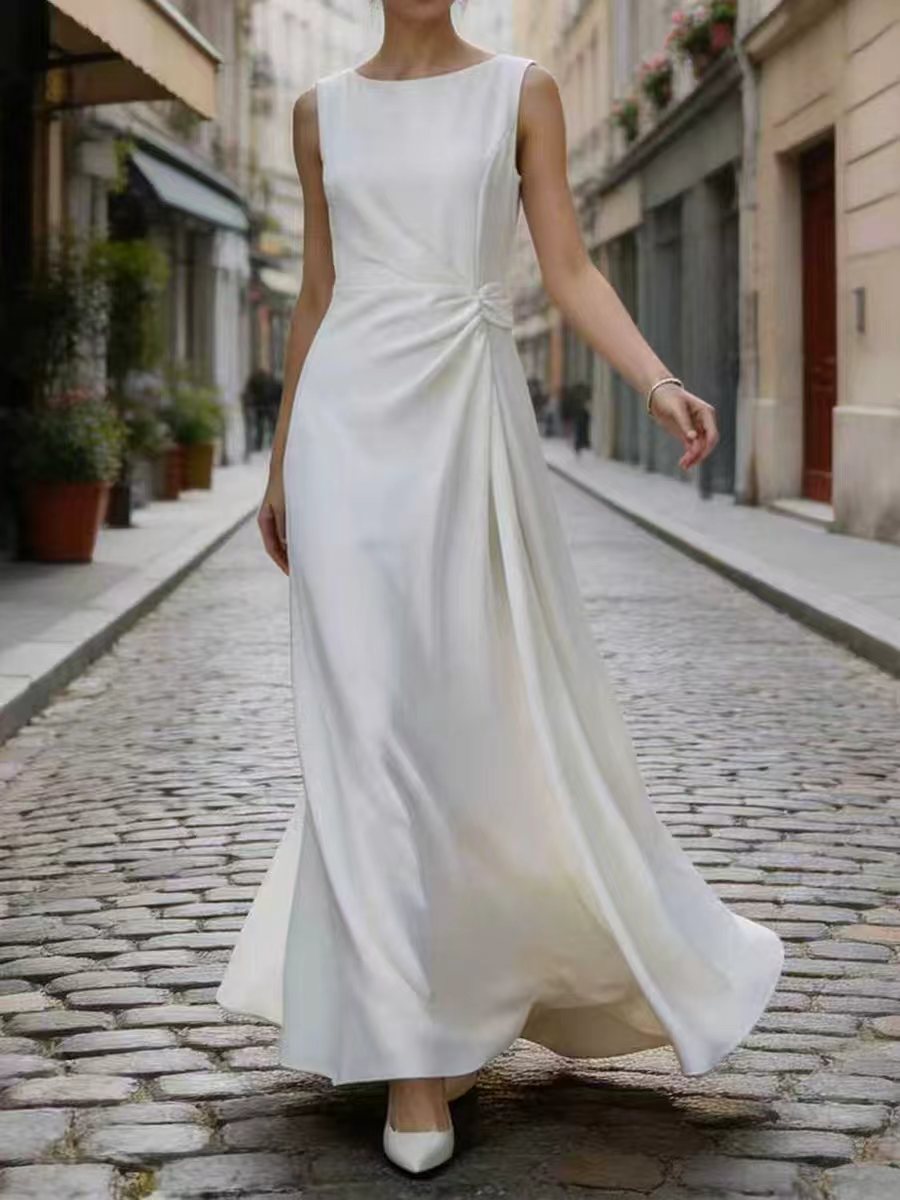 Robe de soirée longue plissée sans manches, en gaze, à empiècements, à col rond, couleur unie