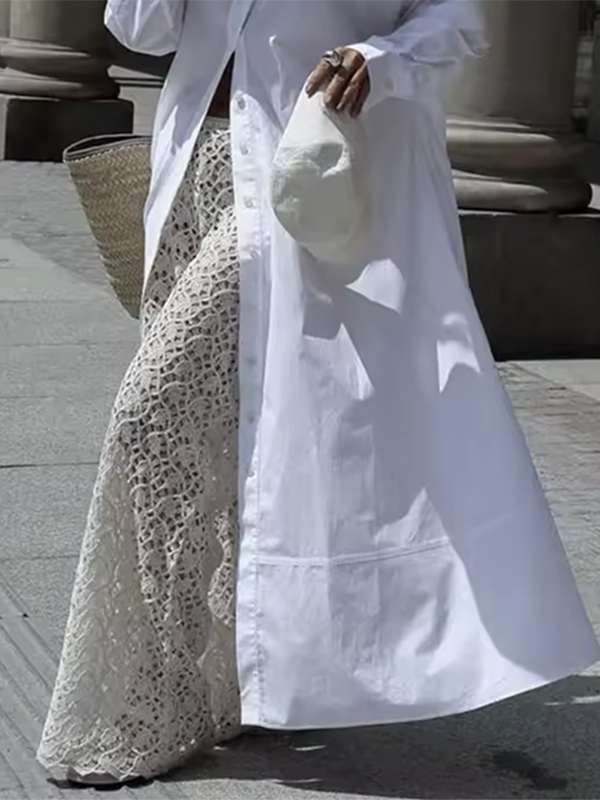 Robe chemise à manches longues, à empiècements, à col revers, couleur unie
