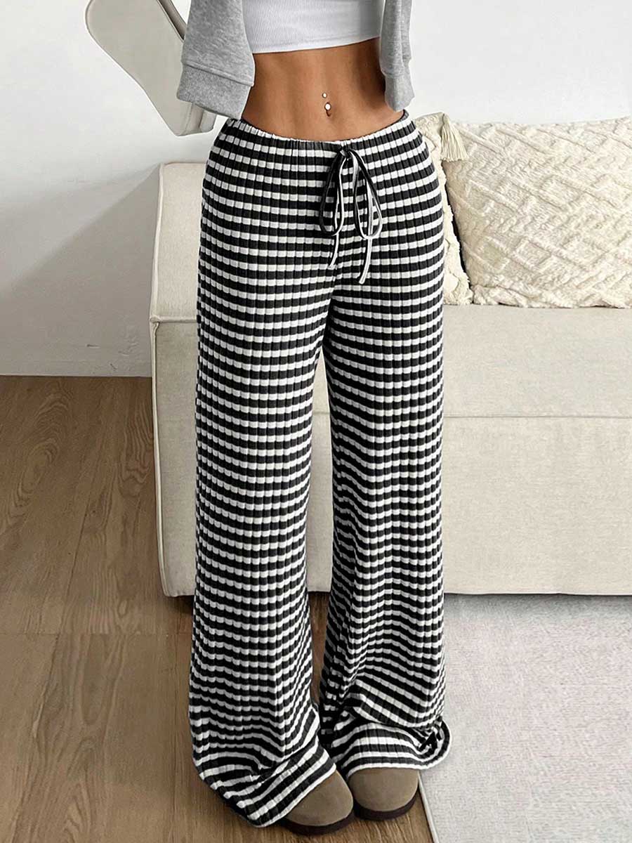 Pantalon rayé à taille élastique, taille haute, à cordon de serrage, à empiècements, couleur contrastée