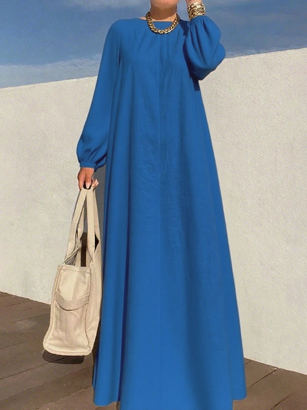 Robe longue ample plissée à manches longues, à fermeture éclair, à col rond, couleur unie