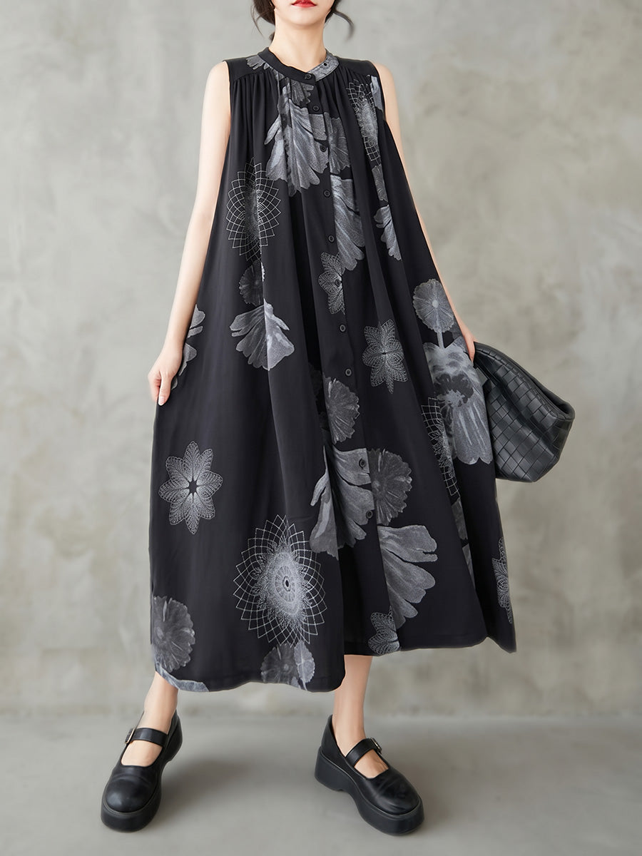 Robe mi-longue ample boutonnée plissée coupe trapèze, à imprimé floral, à poches, à col rond