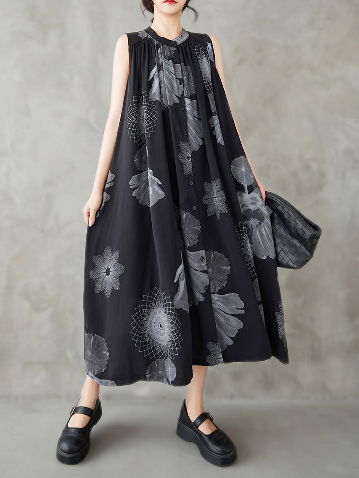 Robe mi-longue ample boutonnée plissée coupe trapèze, à imprimé floral, à poches, à col rond
