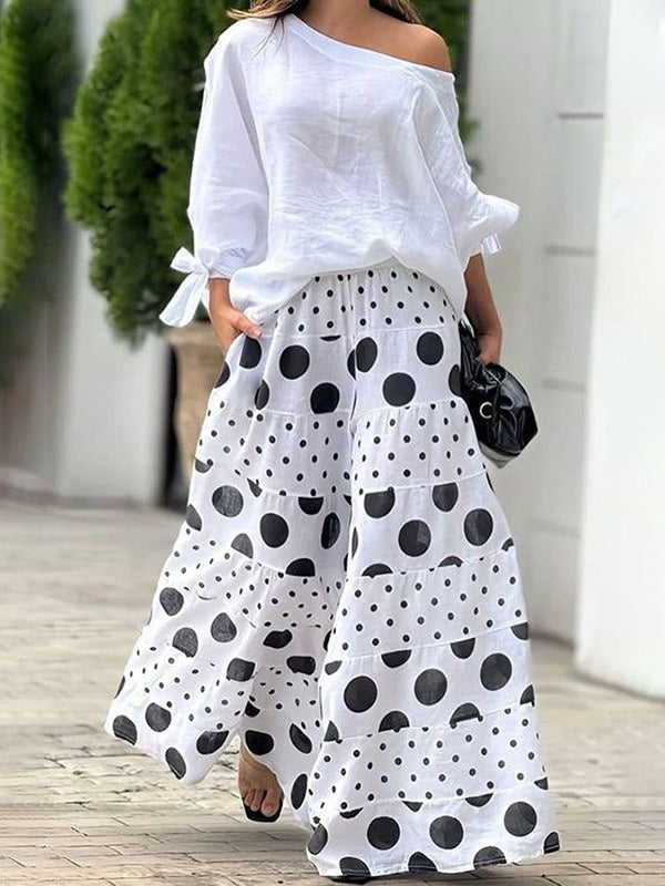 Pantalon ample taille haute, à taille élastique, à poches, à pois, à empiècements, couleur contrastée