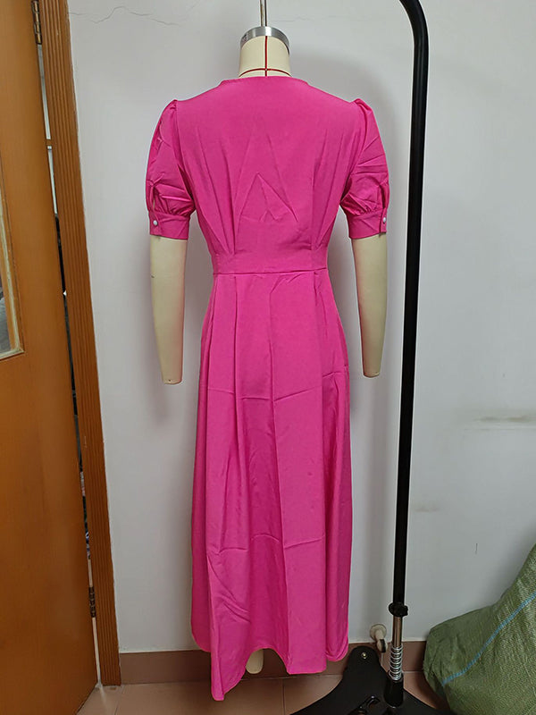 Robe chemise boutonnée à manches bouffantes, à manches courtes, à col rond, couleur unie