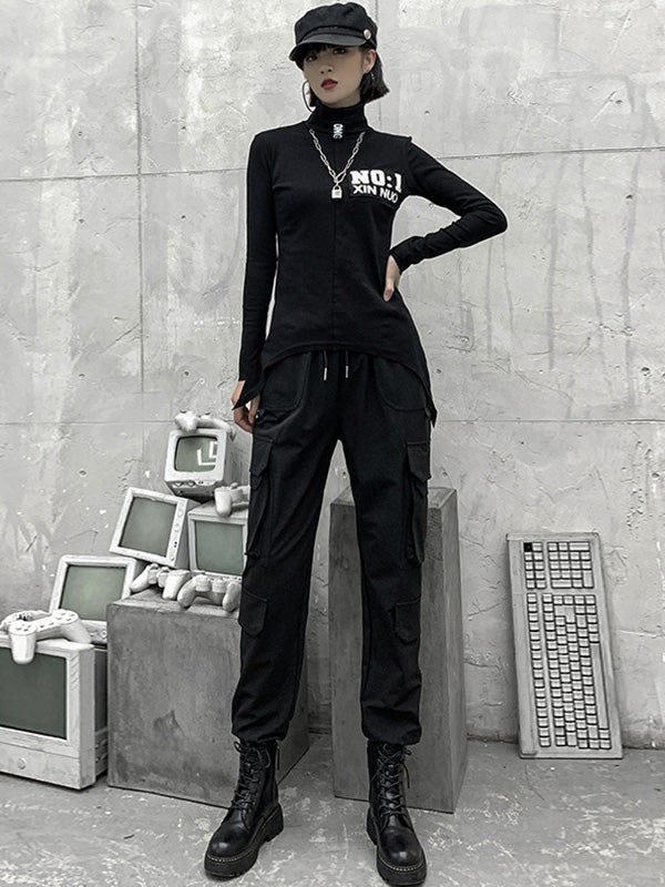 Pantalon salopette décontracté noir empire punk avec cordon de serrage élégant