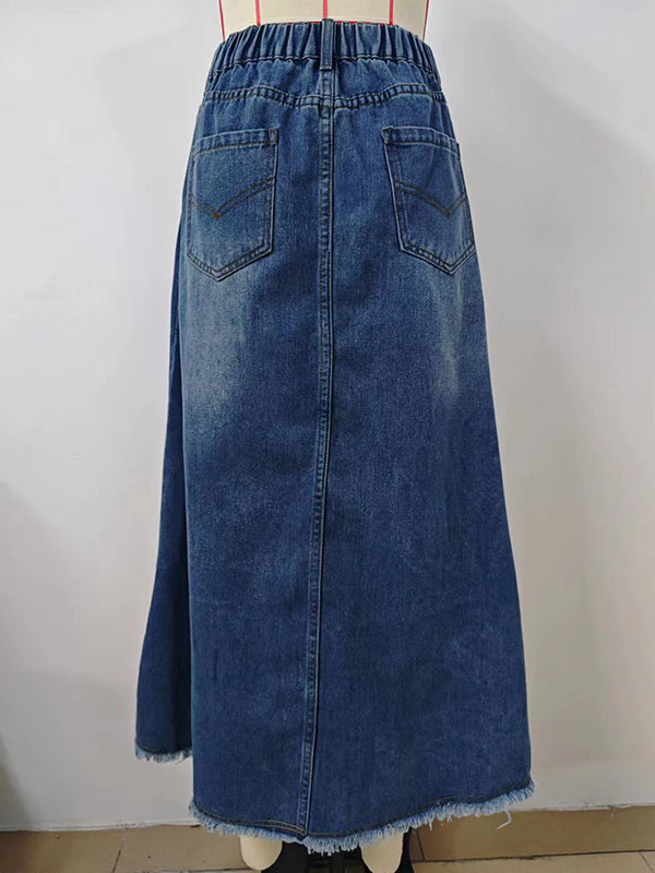 Jupe ample boutonnée coupe trapèze, à taille élastique, à franges, à poches, à empiècements