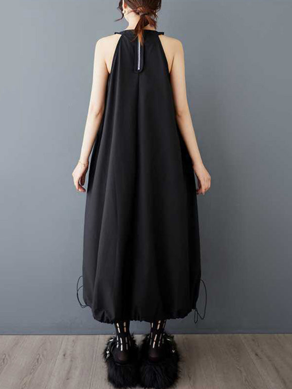 Robe mi-longue ample plissée coupe trapèze, à cordon de serrage, à poches, à fermeture éclair, à fines bretelles, couleur unie