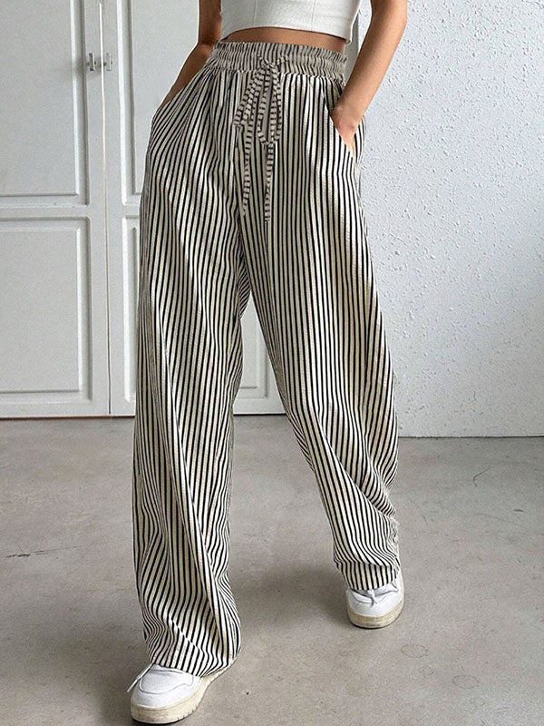 Pantalon ample rayé à cordon de serrage, à taille élastique, à poches, à empiècements