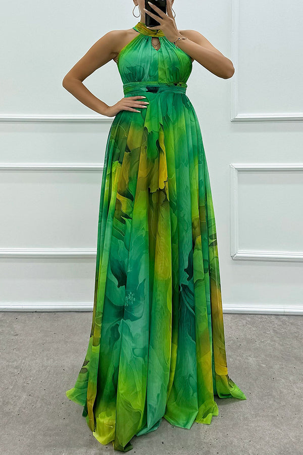 Elaine - Robe maxi en tulle avec imprimé floral, découpes et col halter