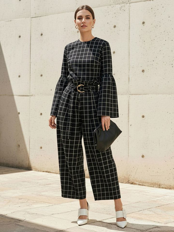 Pantalon à taille élastique, taille haute, avec ceinture, à empiècements, couleur contrastée