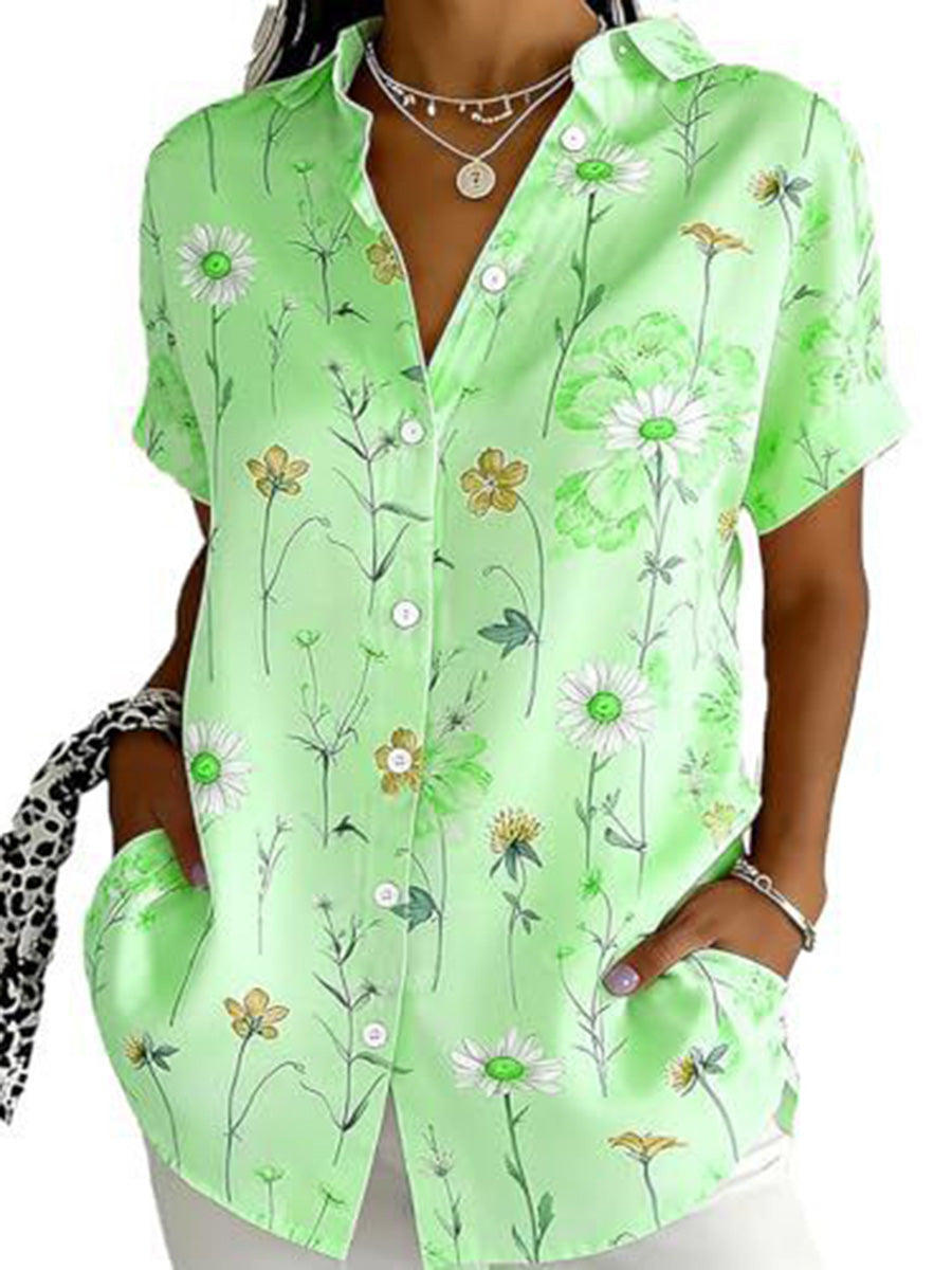 Chemisier ample boutonné grande taille, à imprimé floral, à col revers, couleur contrastée