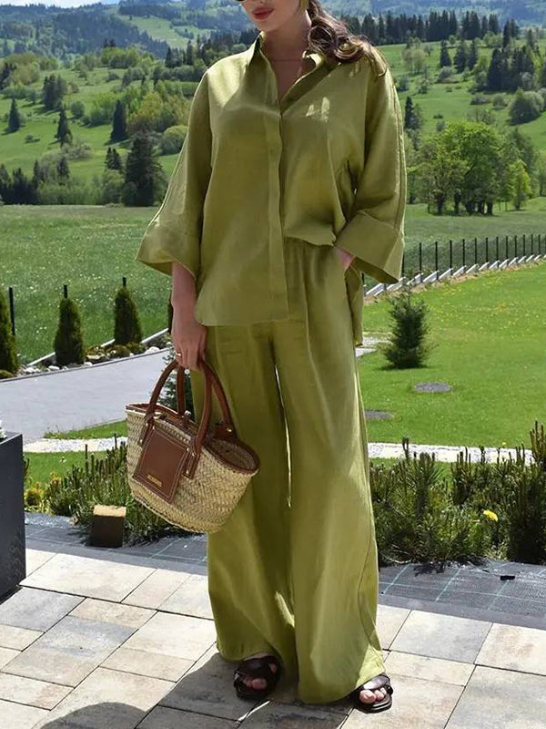 Ensemble deux pièces ample fendu sur le côté plissé à empiècements, à col revers, à taille élastique, couleur unie – chemisier + pantalon