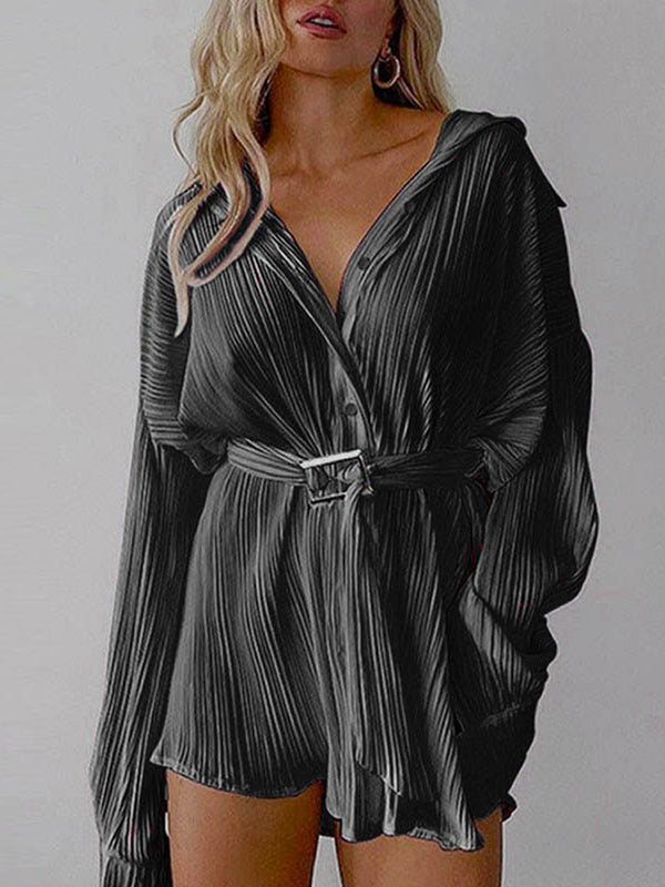 Robe chemise boutonnée plissée à manches longues, à taille nouée, à col revers, couleur unie