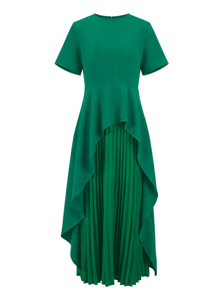 Robe longue plissée coupe trapèze, taille haute, à empiècements, à col rond, couleur unie