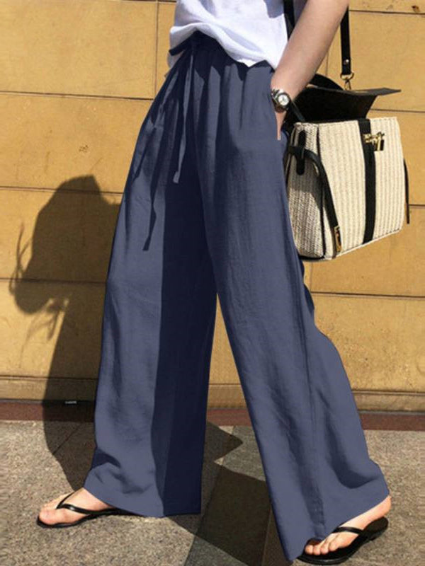Pantalon ample taille haute, à cordon de serrage, à poches, couleur unie