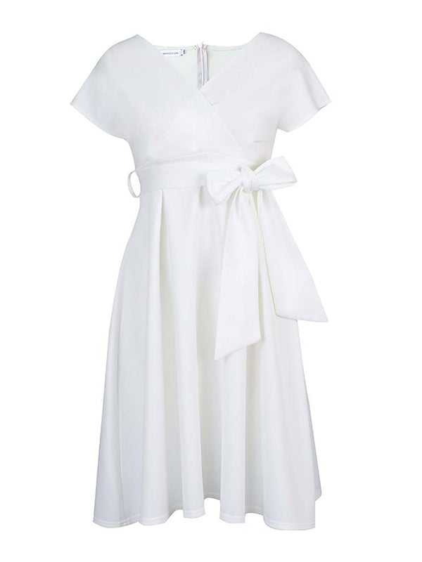 Robe mi-longue à nœud, à lacets, à col en V, couleur unie