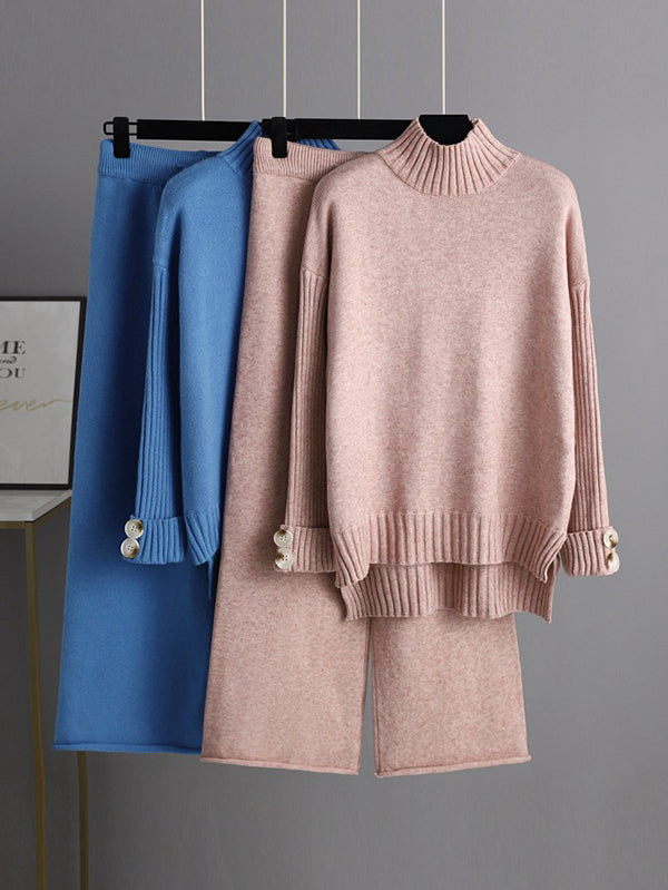 Pull urbain à manches longues et demi-col roulé de couleur unie & Pantalon large Ensemble deux pièces