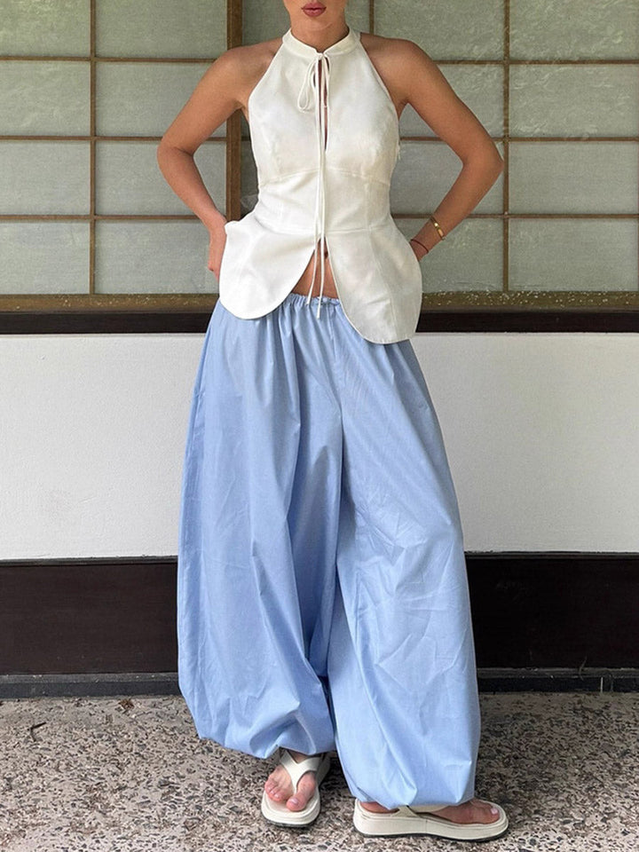 Pantalon resserré aux chevilles plissé à taille élastique, taille haute, à cordon de serrage, couleur unie