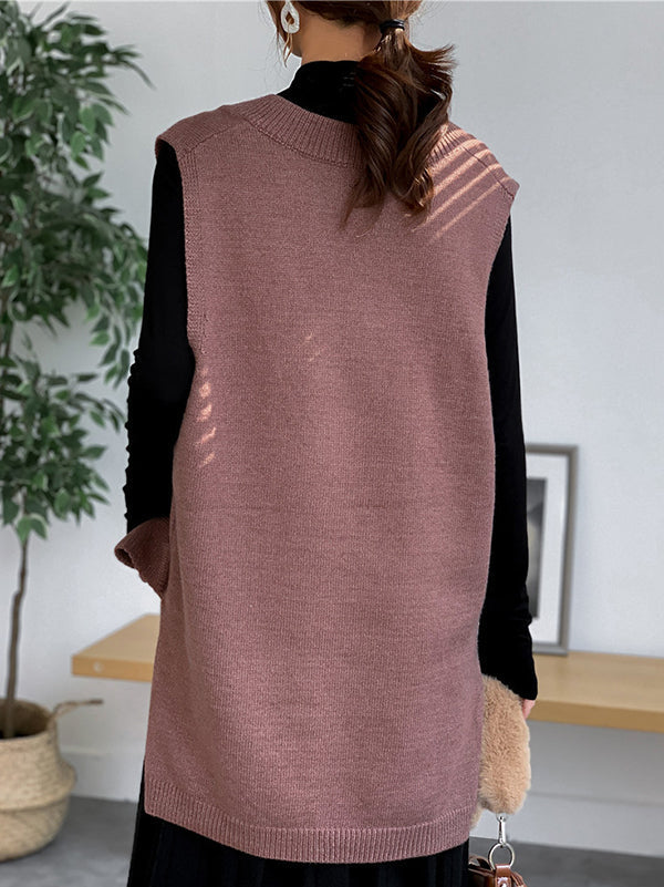 Gilet tricoté sans manches à la mode, fendu sur le côté, couleur unie, col en V