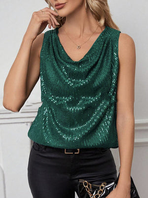 Débardeur ample brillant sans manches, à sequins, à empiècements, à col en V, couleur unie
