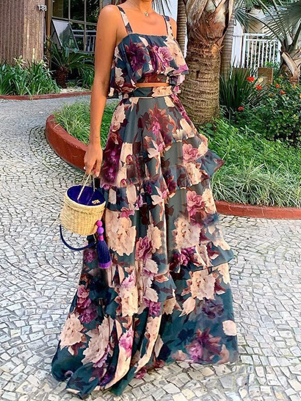 Ensemble deux pièces ample superposé à imprimé floral, à empiècements, à fines bretelles, taille haute – débardeur + jupe + bas