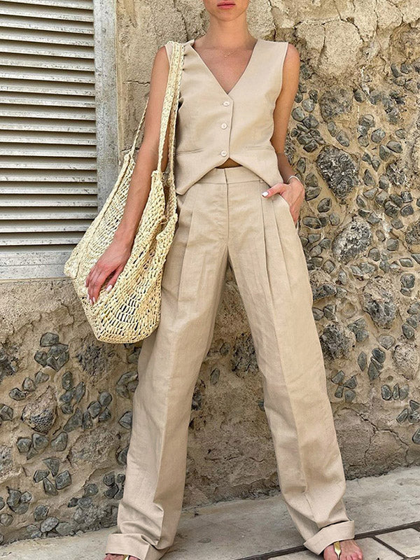 Ensemble deux pièces ample plissé taille haute, à empiècements, à col en V, couleur unie