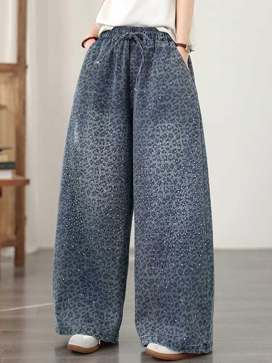Jean brillant taille haute, à jambes larges, à taille élastique, à imprimé léopard, à poches, à strass, à taille nouée, couleur unie