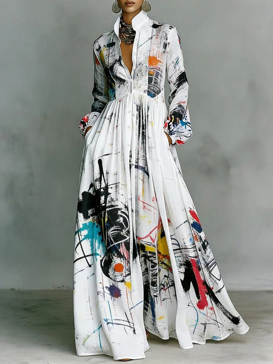 Robe chemise longue imprimée plissée boutonnée ample à empiècements, à poches, à manches longues, à col montant